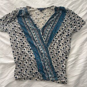 Lucky Brand Cream & Blue Printed Wrap-Style Tunic